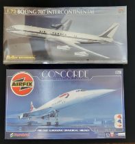 Two 1:72 scale model kits of large commercial airliners comprising Airfix Concorde (sealed contents)