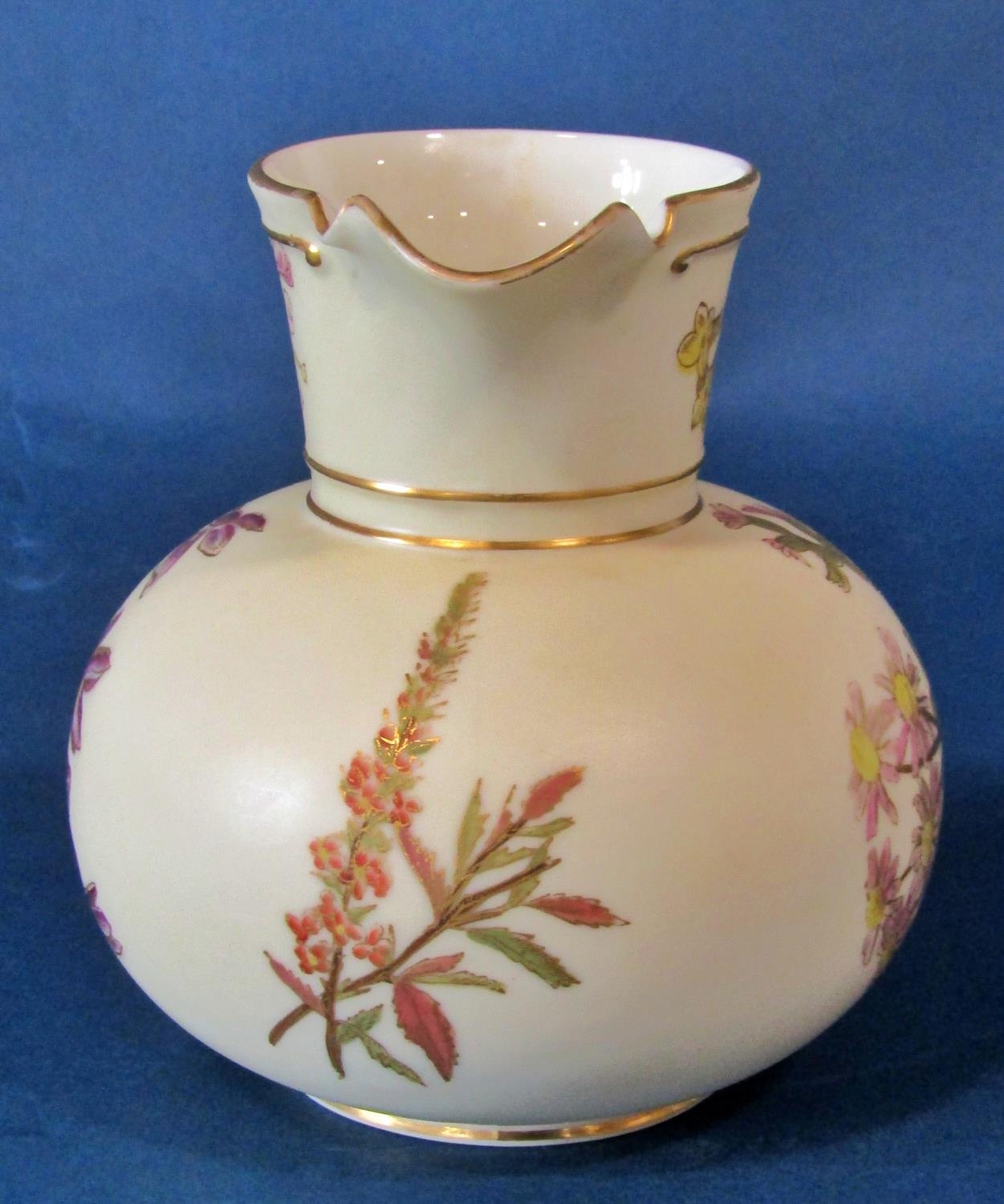A Royal Worcester blush ivory jug of squat bulbous form decorated with painted floral sprigs, puce - Image 3 of 5