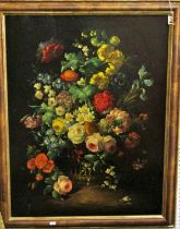 Early 20th century Dutch school, still life with flowers, oil on canvas, in walnut veneered and gilt