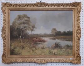 20th century German school, lakeside landscape, oil on canvas, signed lower left, 49 x 69cm