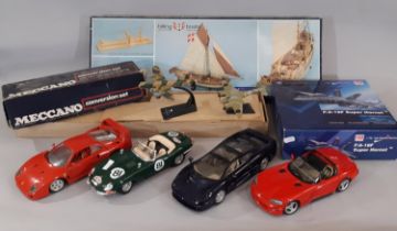 Mixed group of models including 4 unboxed 1:18 scale cars- Viper Dodge, Jaguar and Ferrari all by