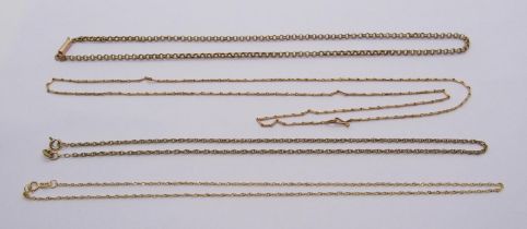 Four chain necklaces; an antique 9ct belcher link example, 3.8g, a 9ct rope twist example, 2.6g,