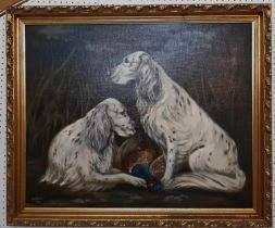 20th century continental school, sporting interest, two seated English setters waiting beside a