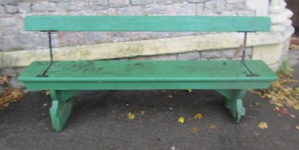 Vintage green painted bench with plank seat and reversible rail back, 6ft long approx (af)