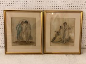 Style of Angelica Kauffman - Two watercolours on paper of ladies in classical poses, c.1790-1810, 27
