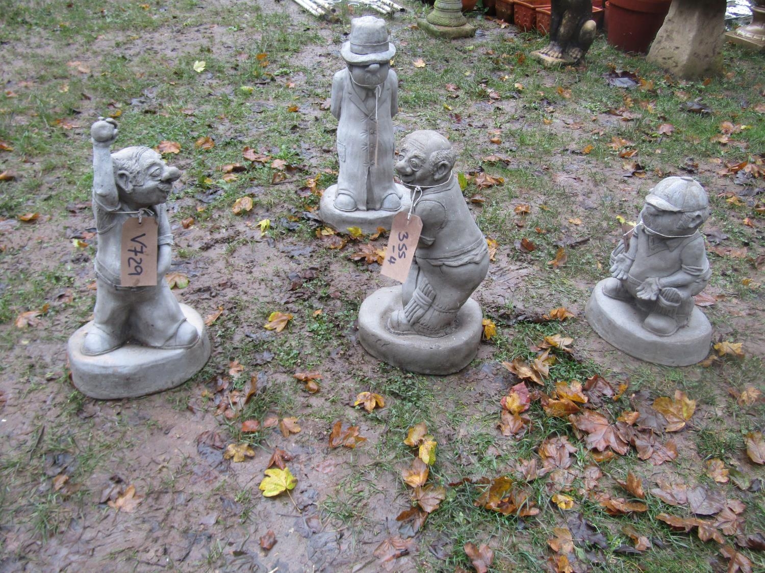 Collection of four novelty cast composition stone statues of cricketers, batsman, bowler, wicket - Image 2 of 2