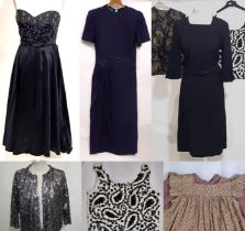 Collection of vintage clothing including a black strapless beaded evening dress by Esty Rousso, a