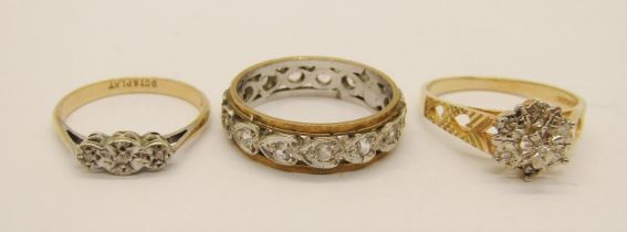 Three 9ct rings; two diamond-set examples and a white stone eternity ring, 8.4g total