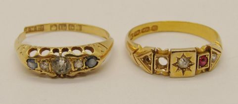 Two antique 18ct diamond set gypsy rings; a ruby and diamond example and a sapphire and diamond