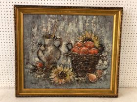 Christian Hugues Caillard (1899-1985) 'Still Life with Sunflowers and Fruit in a Basket', oil on
