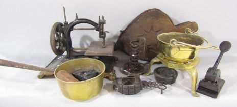 Miscellaneous collection of items, including a vintage sewing machine (as Found) leather bellows,