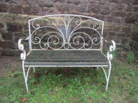 White light metal painted tubular framed folding two seat garden bench with weathered wooden slatted