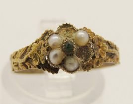 Georgian yellow metal seed pearl floral cluster mourning ring with forget-me-not detail, with glazed