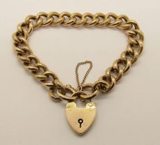 Antique 9ct curb link bracelet with textured links and heart padlock clasp, 17.9g