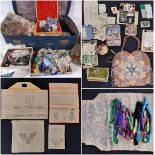 A collection of vintage haberdashery including a patchwork sewing bag, buttons, silk threads, un-