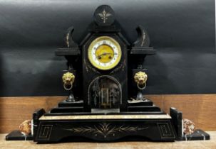A Victorian grand polished black slate and marble mantle clock, 47 cm high, 47cm wide, together with