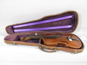 A old violin, lacks chin rest, no bow, in a crocodile skin effect case, 60cm overall, back 36cm.