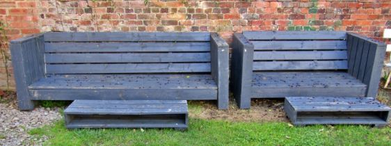 A painted and weathered three seat garden bench and matching low stool/table, bespoke made from