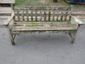 R A Lister three seat teak bench with slatted seat and back, 159cm long