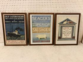 Three 20th century hand-painted posters - 'Seager's Superior Sausages', Great Eastern Railway'