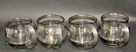 Four large, good quality hand blown smoked glass ale/beer mugs, each 10cm high, 9cm diameter