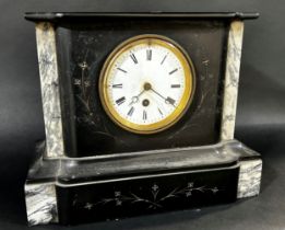 A black slate and white marble mantle clock, 24cm high, 31 x 14cm.