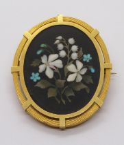 19th century yellow metal oval pietra dura floral spray brooch depicting forget-me-nots and white