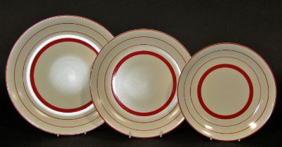 Crown Devon art deco dinner service white and red banded dinner set comprising six dinner plates,
