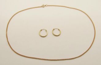 9ct fine link chain necklace and a pair of small 9ct hoop earrings, 3.5g total (3)
