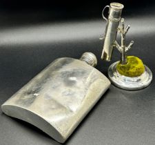 A silver shaped hip flask and a silver dressing table hat pin holder in the form of a golf bag, 7.