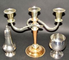 A three branch Georgian style silver plated candelabra, a silver plated twin handle bowl, together
