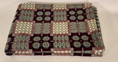 Traditional woollen welsh blanket in reversible double weave in sage, black and claret colours, 2.7x