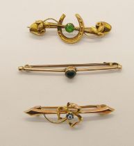 Three antique 9ct gem set bar brooches, 4.5g total