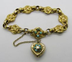 Victorian yellow metal mourning bracelet with Celtic knot style links, set with turquoise, with