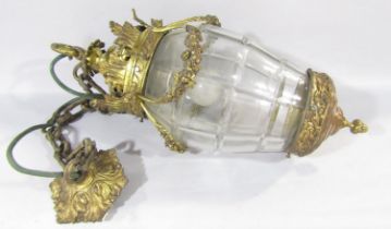 A 19th century enclosed glass hanging lantern with square cur panels, with gilded swags and crown
