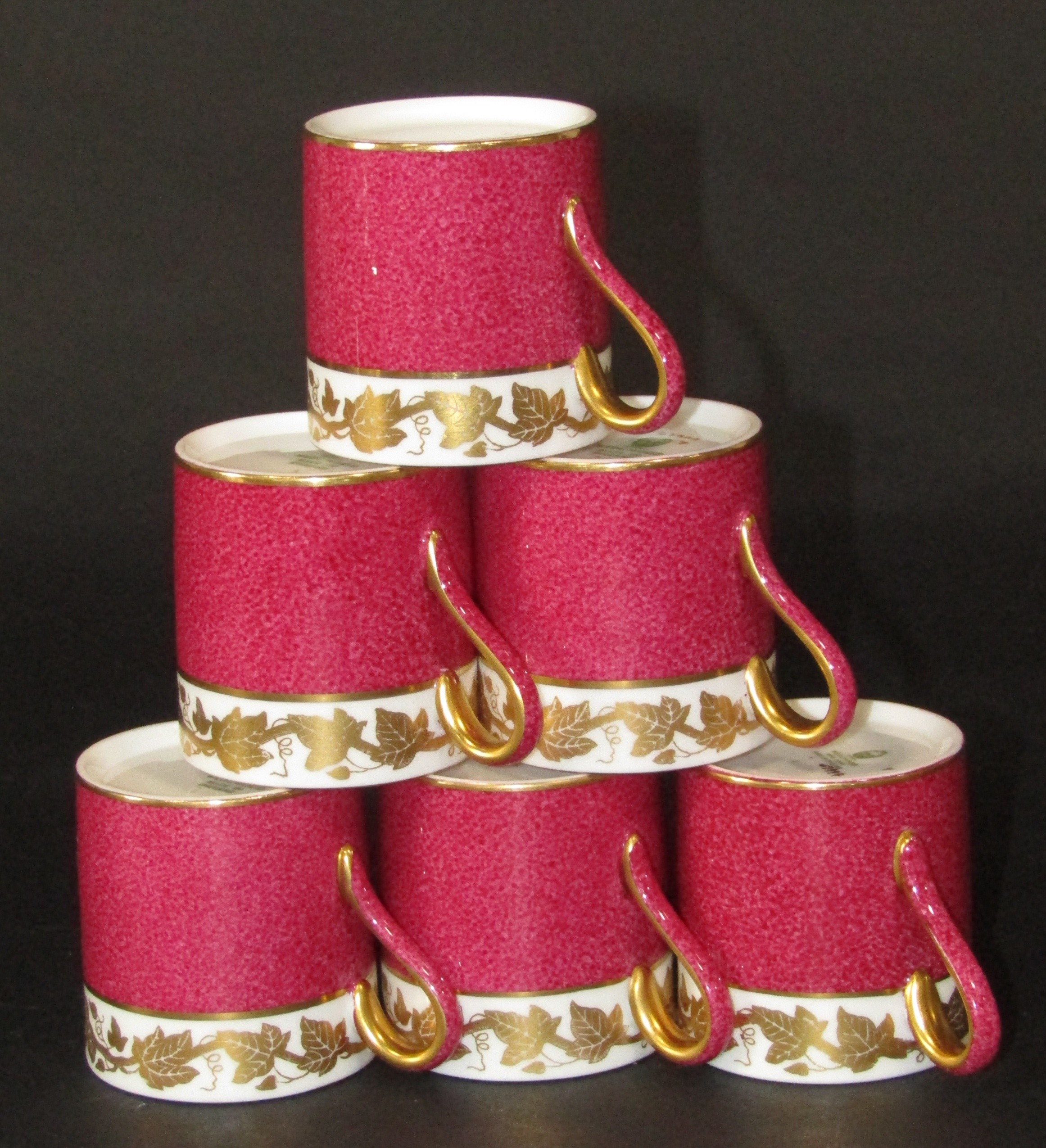 Wedgwood coffee set in raspberry pink and gilt colourway to include 6 coffee cans & saucers, - Image 3 of 3