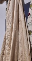 Three pairs very large curtains in pale gold textured satin fabric, lined and thermal lined with