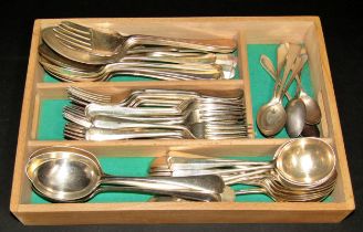 A quantity of silver plated flatware mainly forks and spoons contained in a cutlery divider.
