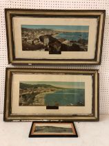 Three hand-tinted panorama photographs of Cannes, two framed as a pair 42 x 78 cm (including frames)