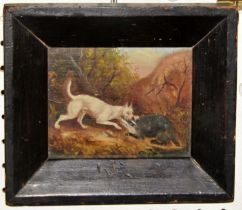 British School, 18/19th Century - Dog fighting a Badger, oil on panel, indistinctly signed verso, 11