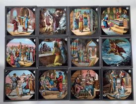 Magic lantern slides - coloured with printed script and original box