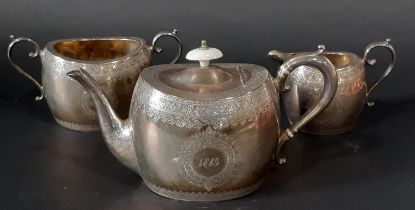 A Victorian three piece silver tea service, Sheffield 1884, makers Atkins Bros, 37oz approx