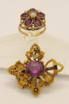 Victorian yellow metal and amethyst brooch, 7g (af), together with an antique style 9ct amethyst and