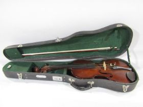 A Stradivarius type violin lacks chin rest, possibly made in China, with an un-marked bow, with case