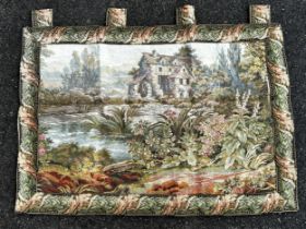 An Antique French style tapestry of an old watermill, 82 x 58 cm approx.