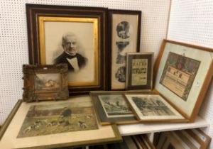 Eight framed prints and paintings, to include: Oak framed photograph of a gentleman indistinctly