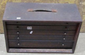 A vintage oak portable engineers tool box fitted with five long graduated drawers (lacks panelled