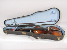 A reproduction Meggini violin, and a single un-marked bow (AF) 6cm overall, back 36cm, with a case.