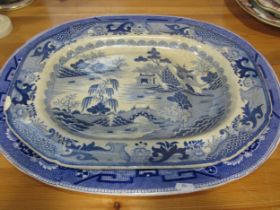 19th century Willow pattern platter, further example with gravy well, Farmers Arms mug, further 19th