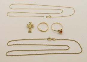 Group of gold jewellery comprising a 22ct wedding ring, 1g (worn), a 14k claw-set cabochon agate